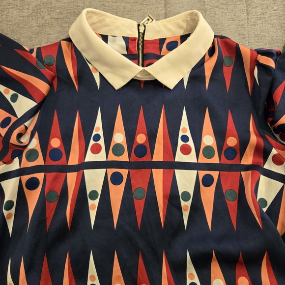 Dress Blouse Top w/ Retro Mod Design w/ Black Skirt Pearl Button Cuffs Size L - Picture 6 of 14